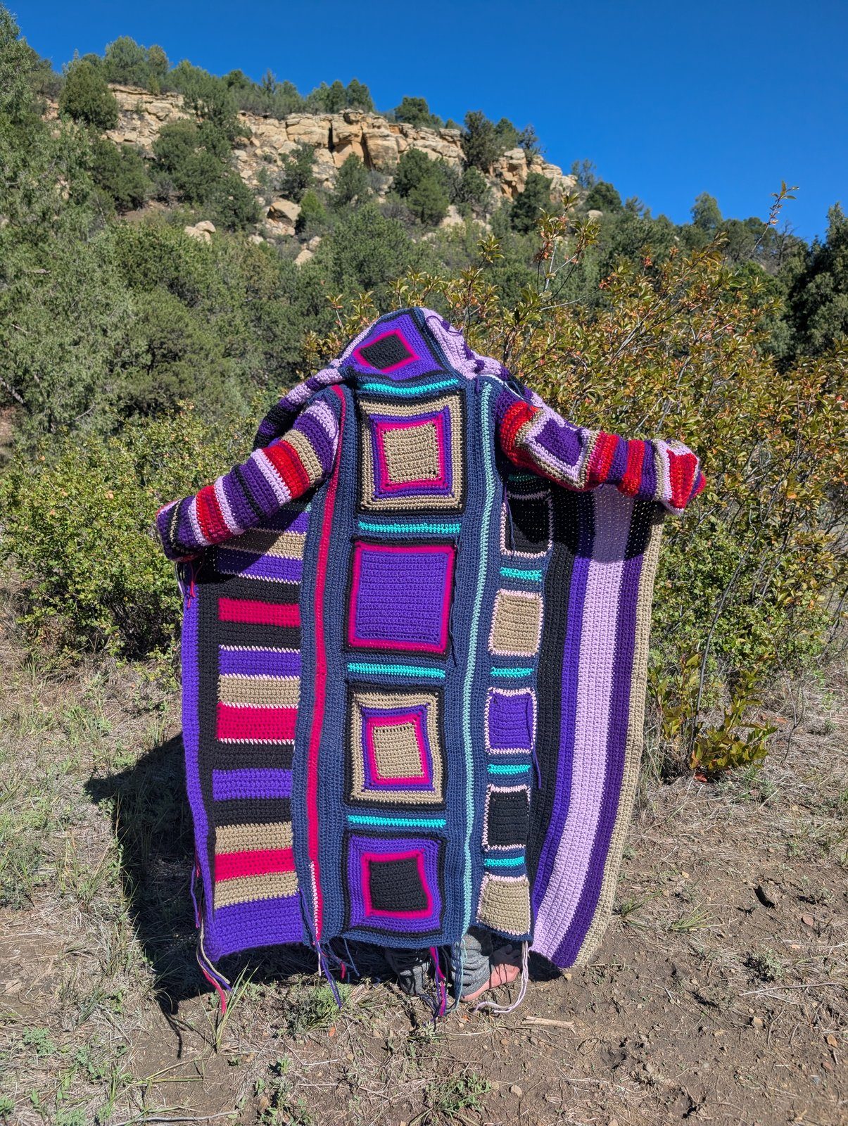 Hooded granny-square coat, back view